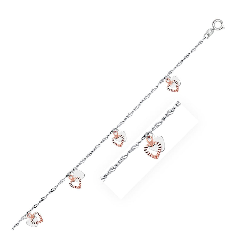14k White and Rose Gold Anklet with Dual Heart Charms 14K white and rose gold anklet with two heart charms