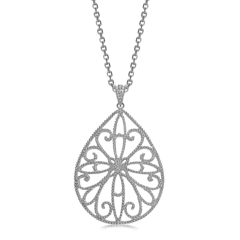 Sterling Silver Rhodium Plated Teardrop Shape Filigree Style Pendant 925 sterling silver rhodium plated teardrop filigree pendant, no stones