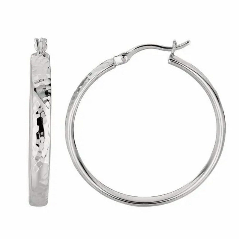 Sterling Silver Hammered Style Hoop Earrings with Rhodium Plating (4x30mm) Product Image