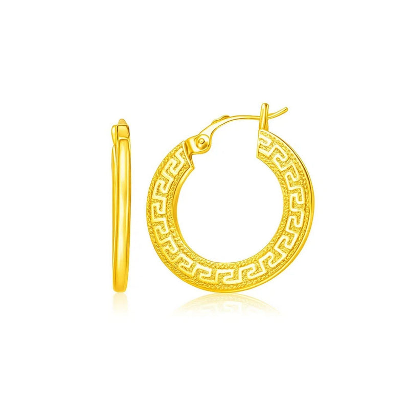 14k Yellow Gold Greek Key Medium Hoop Earrings with Flat Sides Product Image
