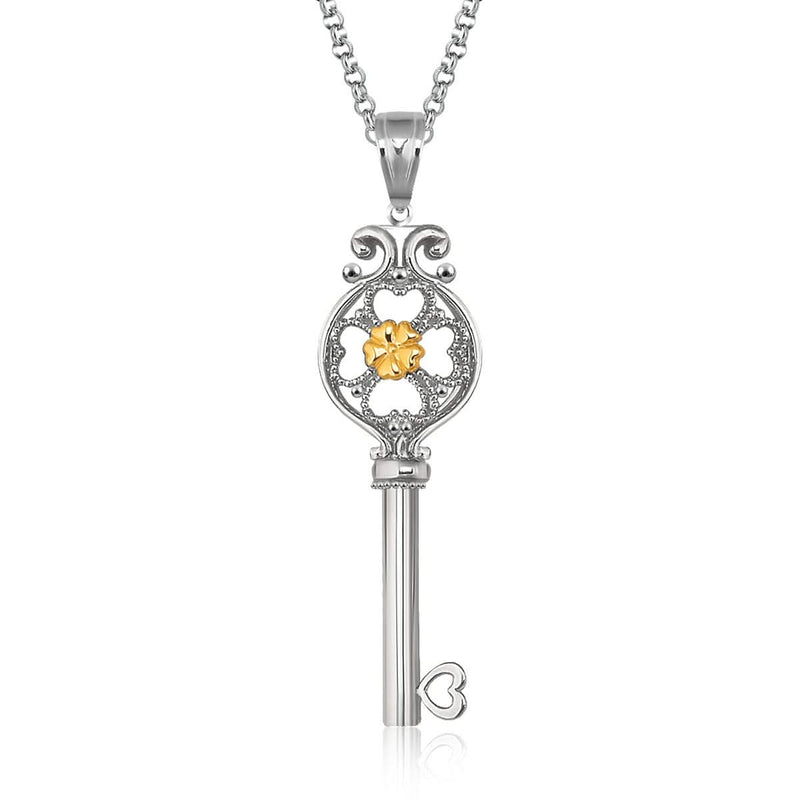 14K Yellow Gold & Sterling Silver Designer Floral Key Pendant 14K yellow gold and sterling silver floral key pendant, two-tone design