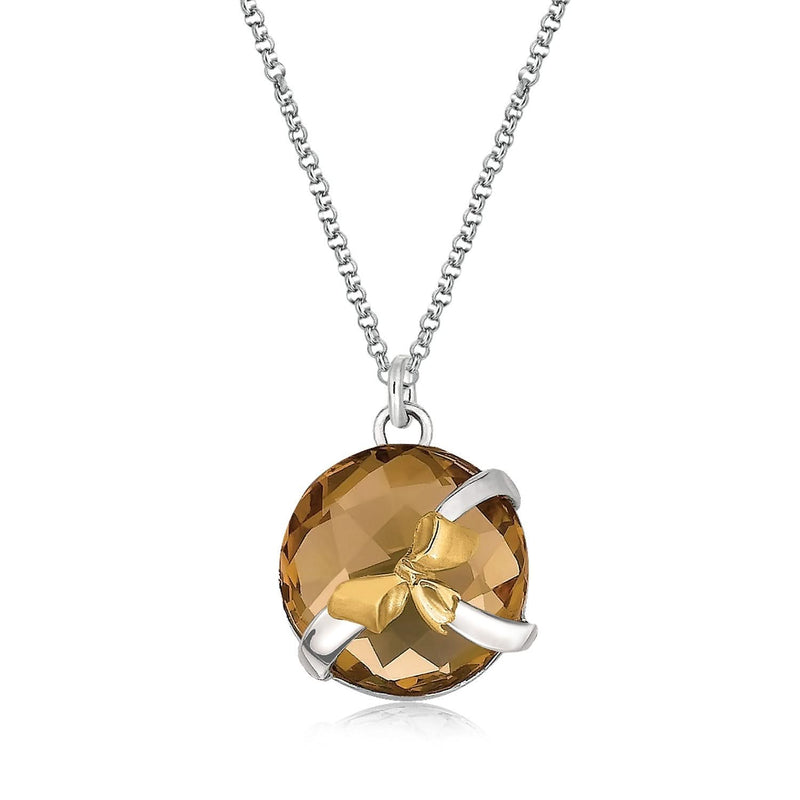 18K Yellow Gold and Sterling Silver Bow Design Round Whiskey Quartz Pendant 18K yellow gold and silver bow pendant with round whiskey quartz stone