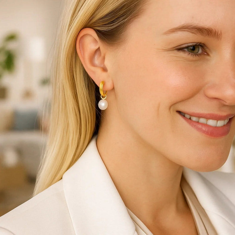 14k Yellow Gold Small Hoop Earrings with Pearls Product Image