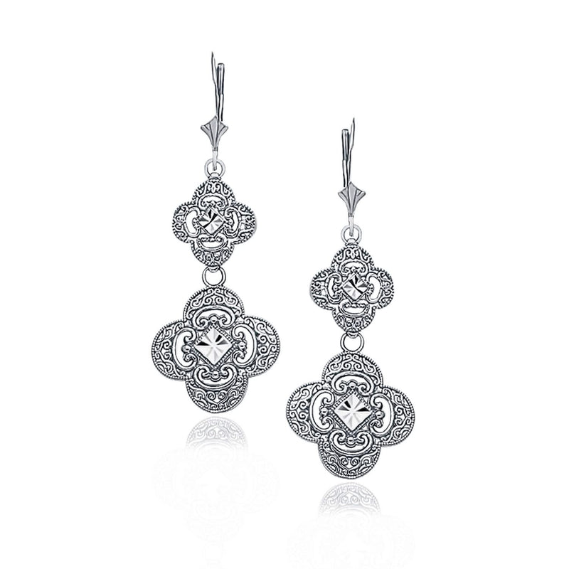 14K White Gold Vintage Look Double Quatrefoil Dangle Earrings 14K white gold double quatrefoil dangle earrings with openwork design