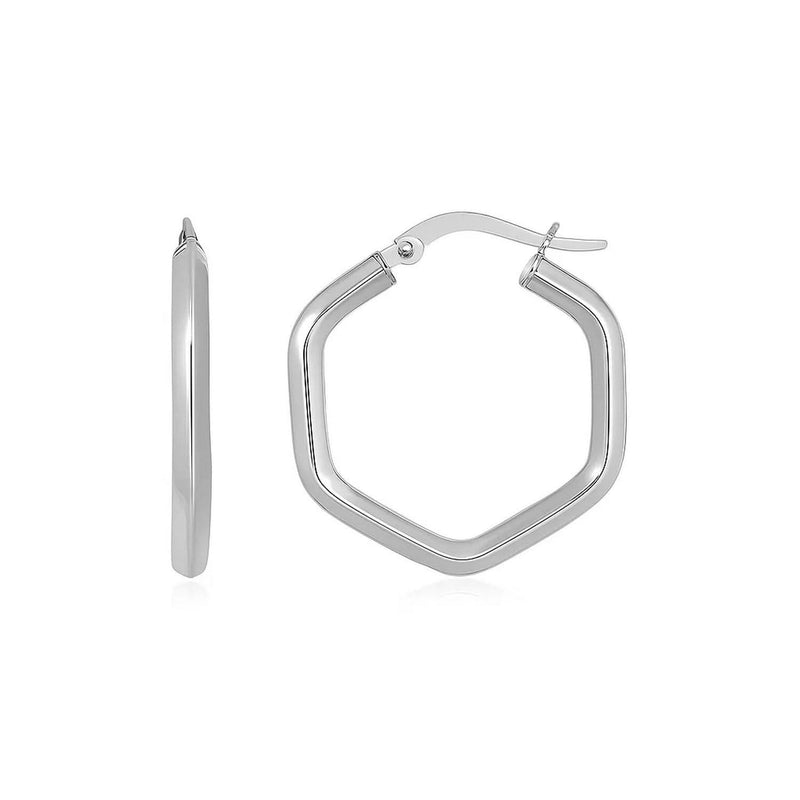 14k White Gold Shiny Hexagon Hoop Earrings Product Image