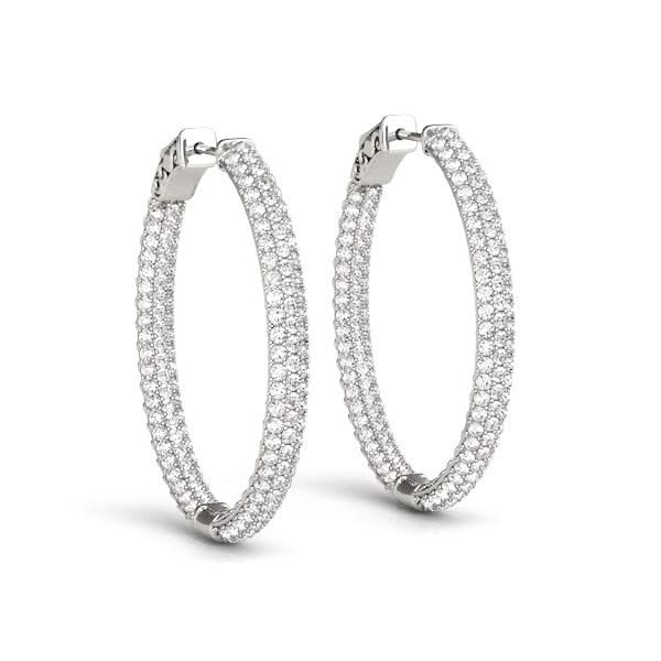 14k White Gold Diamond Hoop Double Sided Three Row Earrings (2 cttw) 14K white gold hoop earrings with three rows of round diamond stones