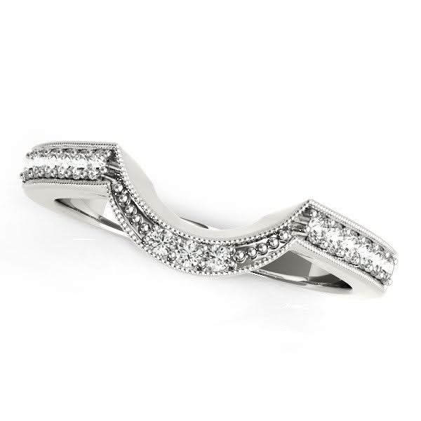 14k White Gold Round Diamond Curved Antique Wedding Band (1/4 cttw) 14K white gold curved wedding band with round diamond stones