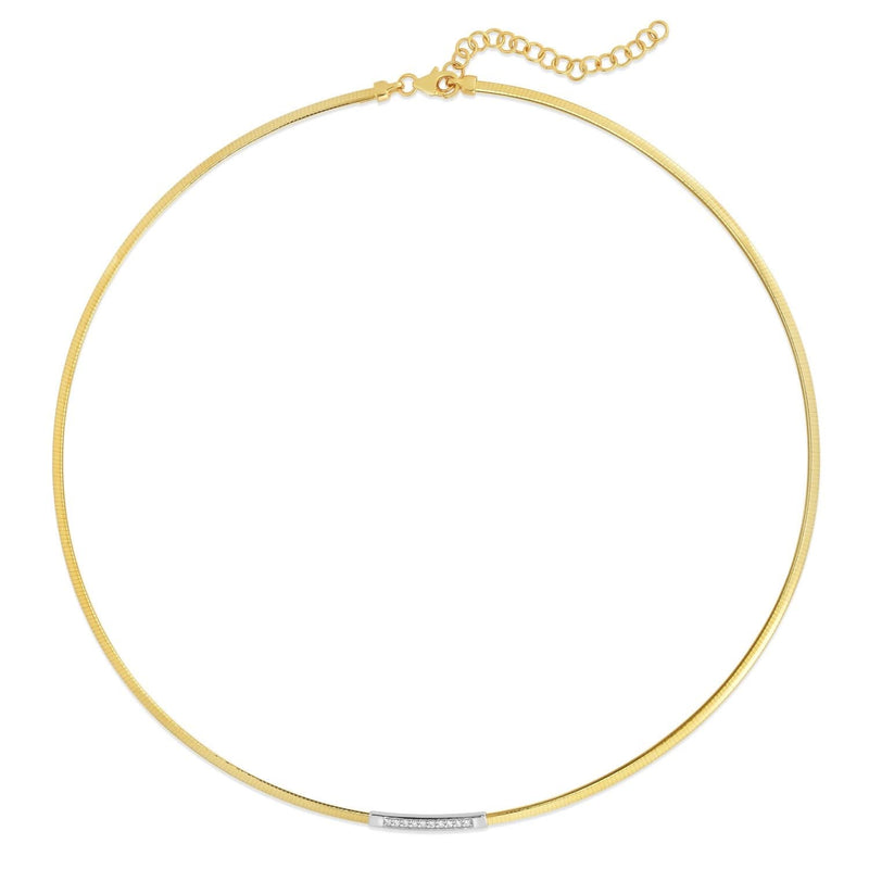 14K Yellow Gold Omega Diamond Bar Necklace 14K yellow gold bar necklace with a row of round diamond stones on omega chain
