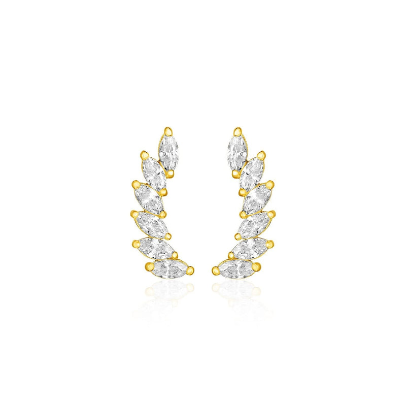 14k Yellow Gold Leaf Motif Climber Post Earrings with Marquise Cubic Zirconias 14K yellow gold leaf climber earrings with marquise cubic zirconia stones