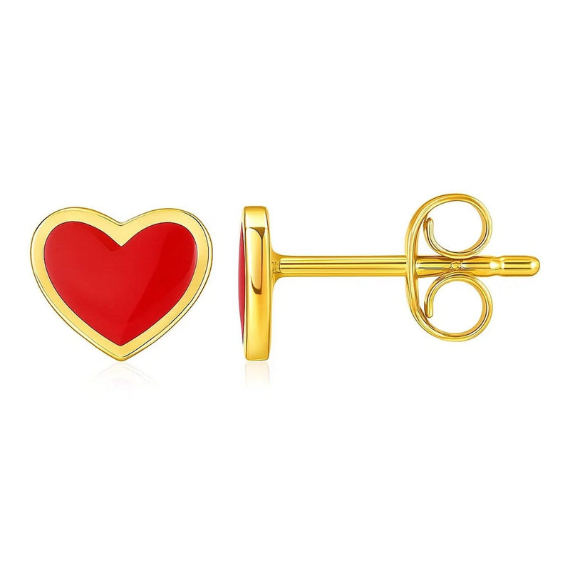 14k Yellow Gold and Enamel Red Heart Stud Earrings Product Image