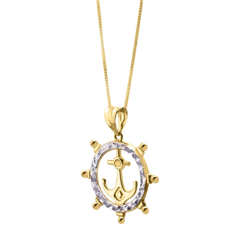 Ships Wheel Anchor Necklace in 10K Yellow Gold 10K yellow gold ships wheel anchor pendant necklace with open spoke detailing