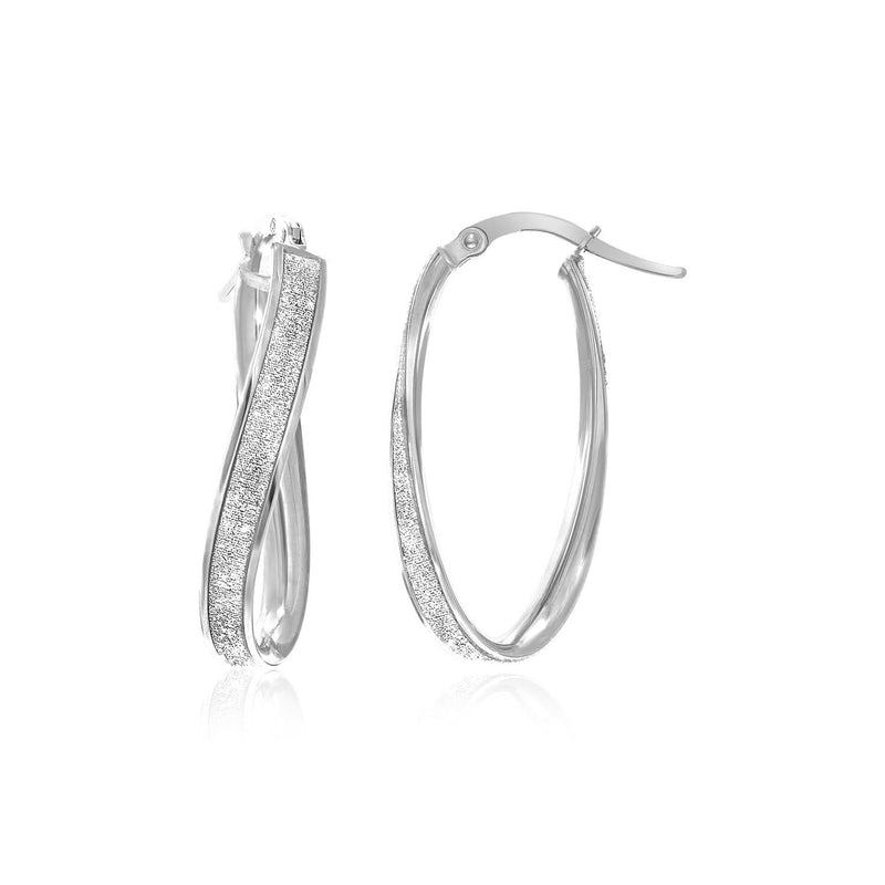14k White Gold Oval Hoop Twist Glittery Earrings 14K white gold oval twist hoop earrings with glittery textured finish