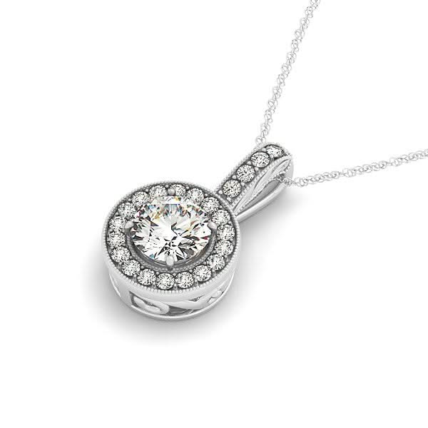 Milgrain Edge Diamond Halo Pendant in 14k White Gold (5/8 cttw) 14K white gold pendant with halo of round diamond stones and milgrain edge