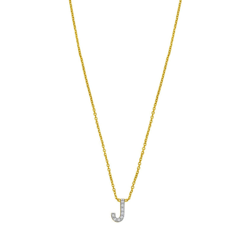 14K yellow gold J initial pendant necklace with small round diamonds