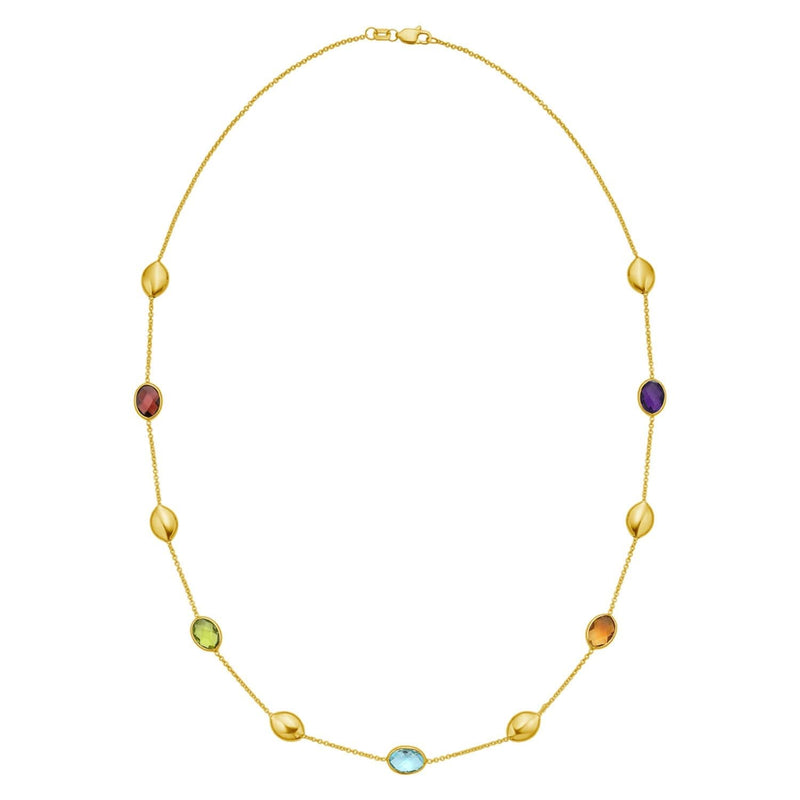 14K Yellow Gold Oval Gemstone and Bead Necklace 14K yellow gold necklace with oval settings and polished gold beads