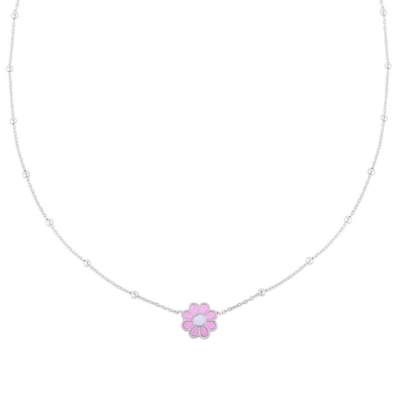 Sterling Silver Rhodium Plated Enamel Pink Flower Necklace Rhodium plated sterling silver pink enamel flower pendant necklace