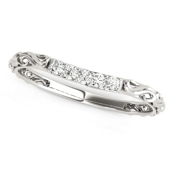 14k White Gold Antique Style Curved Diamond Wedding Band (1/10 cttw) 14K white gold curved wedding band with round diamond stones