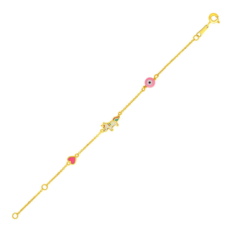 14k Yellow Gold Childrens Bracelet with Enameled Heart Unicorn and Circle 14K yellow gold children's bracelet with enameled heart, unicorn, and circle charms