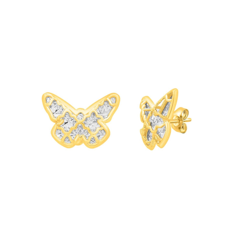 Checkered Butterfly Earrings in 14K Yellow Gold 14K yellow gold checkered butterfly ring with sculpted textured wings