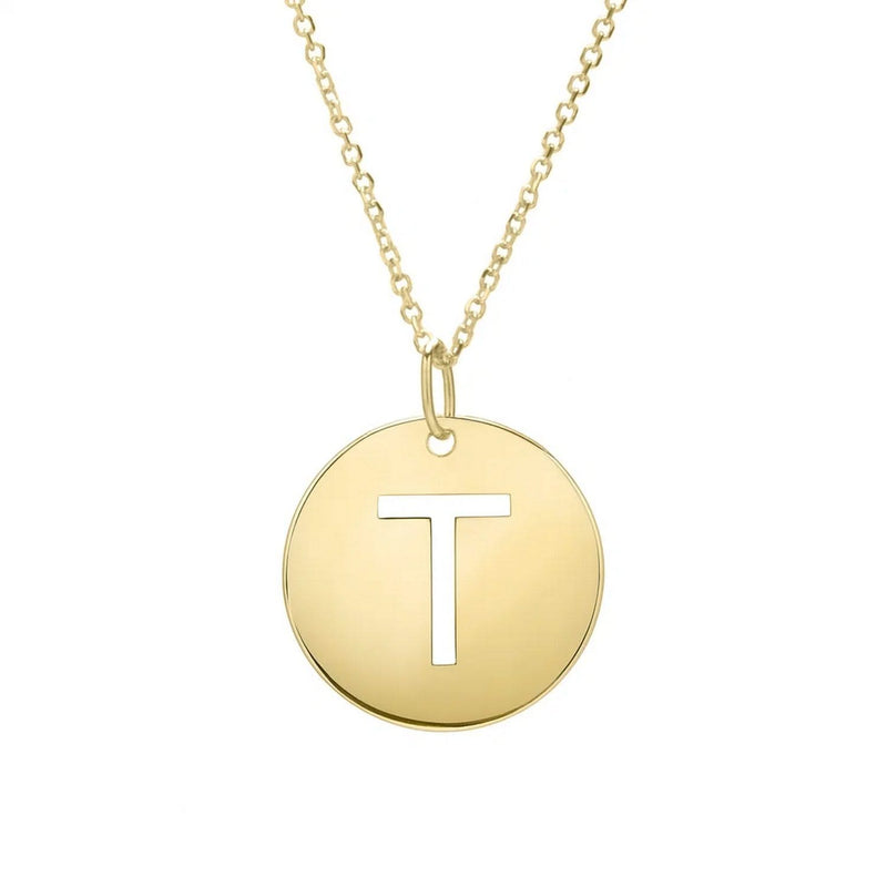 14K Yellow Gold Disc Initial T Pendant 14K yellow gold disc initial T pendant with raised center letter