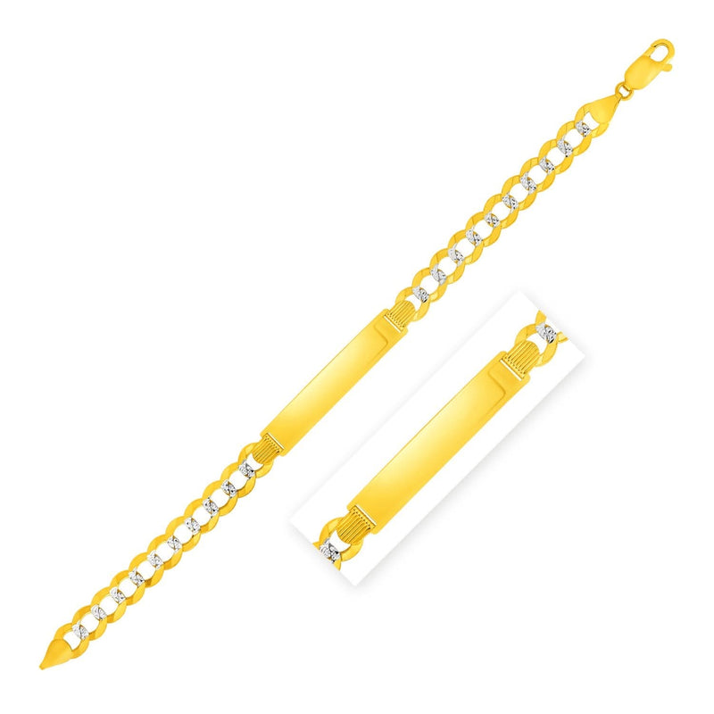 14k Two Tone Gold 8 1/2 inch Mens Curb Chain ID Bracelet with White Pave (8.30 mm) 14K two-tone gold men's curb ID bracelet with white pave stones