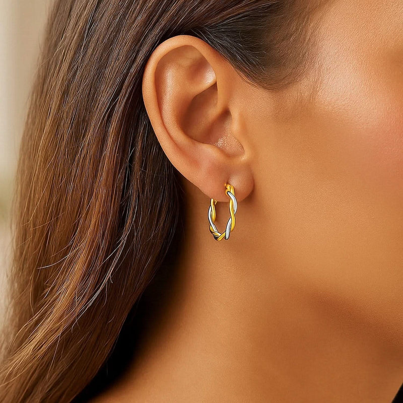 Two-Tone Twisted Wire Round Hoop Earrings in 10k Yellow and White Gold(3x15mm) Product Image