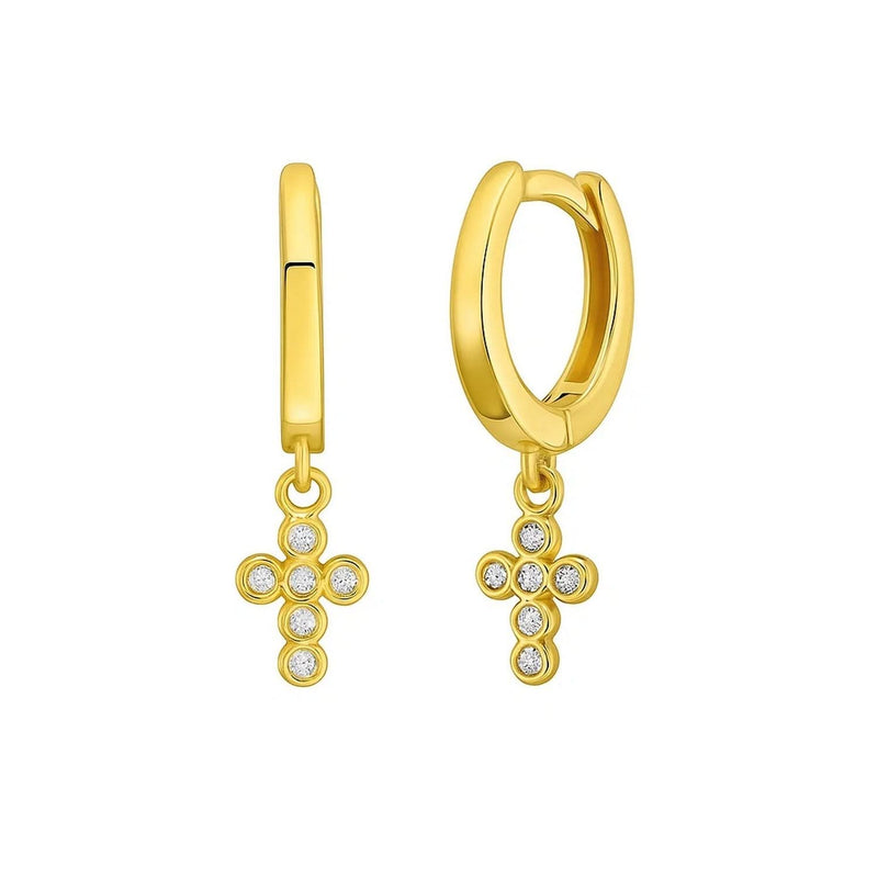 14K yellow gold cross earrings with pave diamond stones