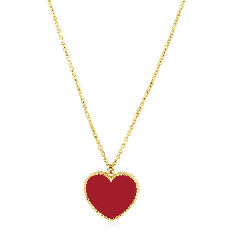 14k Yellow Gold High Polish Heart Red Cornelia Paste Necklace 14K yellow gold heart pendant necklace with red paste inlay and high polish finish