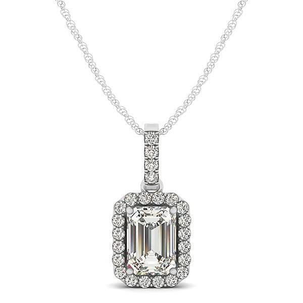 Halo Pendant With Emerald Center Diamond in 14k White Gold (1 1/5 cttw) 14K white gold pendant with round diamond center and halo of accent diamonds