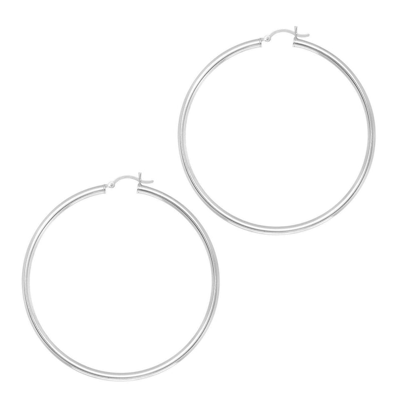 Rhodium Plated Hoop Earrings in Sterling Silver (3x60mm) Rhodium plated 925 sterling silver hoop ring with slim 3mm polished profile