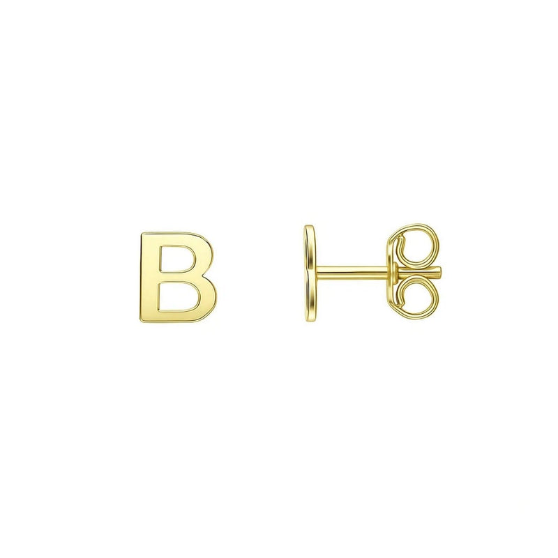 14K yellow gold initial B stud earrings in polished letterform