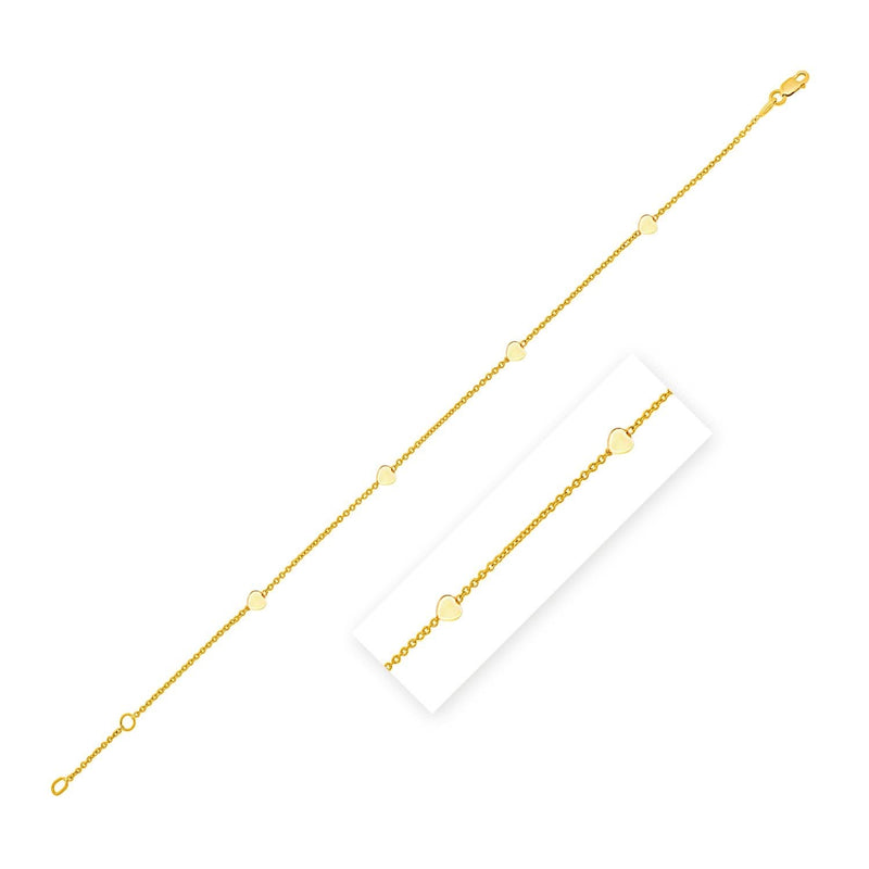 Stationed Heart Anklet in 14K Yellow Gold (1.00 mm) 14K yellow gold anklet with heart-shaped gold stations on a fine chain