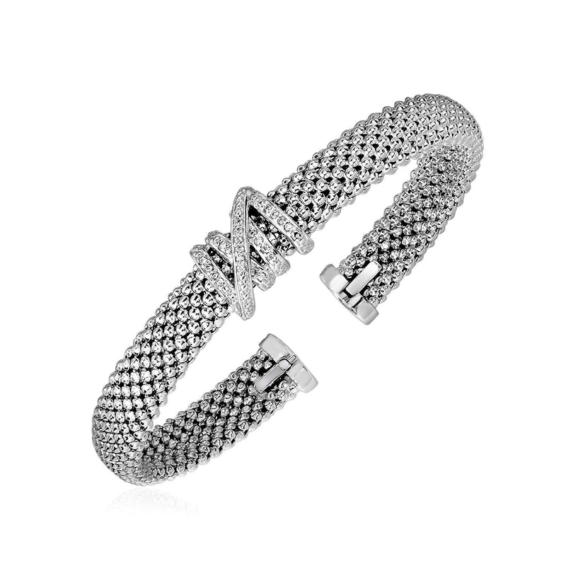 Popcorn Texture Cuff Bangle with Diamonds in Sterling Silver (8.00 mm) 925 sterling silver popcorn texture cuff bangle with diamonds