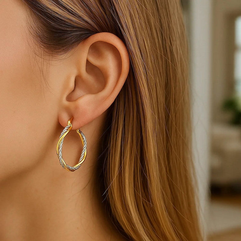14k Yellow and White Gold Two Part Textured Twisted Round Hoop Earrings (3x23mm) Product Image
