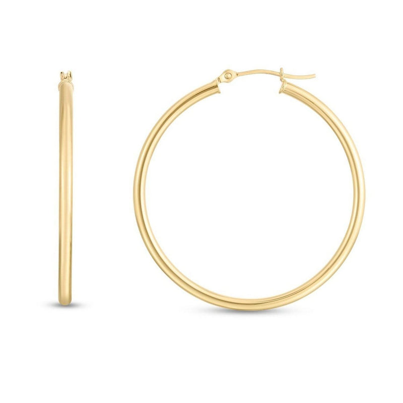 Classic Hoop Earrings in 14K Yellow Gold (2x35 mm) 14K yellow gold classic hoop earrings with rounded 2x35 mm tube profile