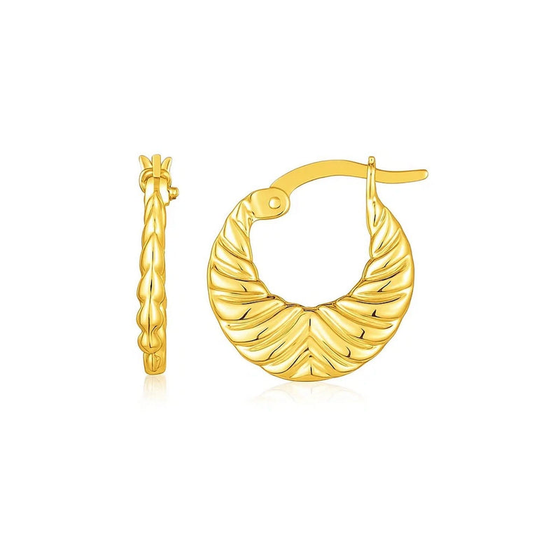14K Yellow Gold Graduated Grooved Fancy Hoop Earrings 14K yellow gold graduated grooved fancy hoop earrings with textured channels