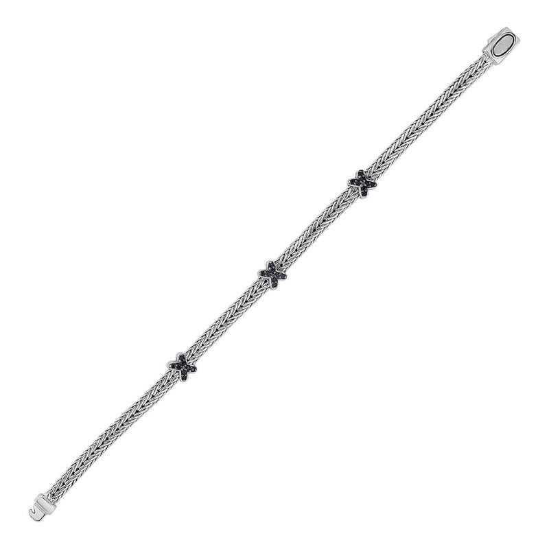 Woven Rope Bracelet with Black Sapphire X Accents in Sterling Silver Product Image