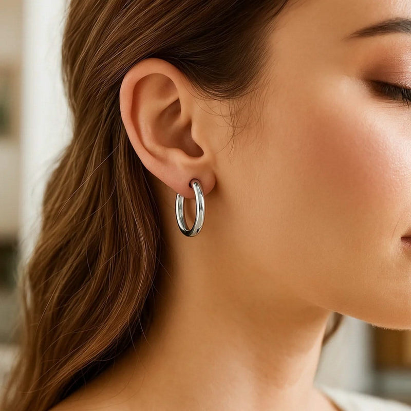 Sterling Silver Rhodium Plated Thick Style Polished Hoop Earrings (4x25mm) Product Image