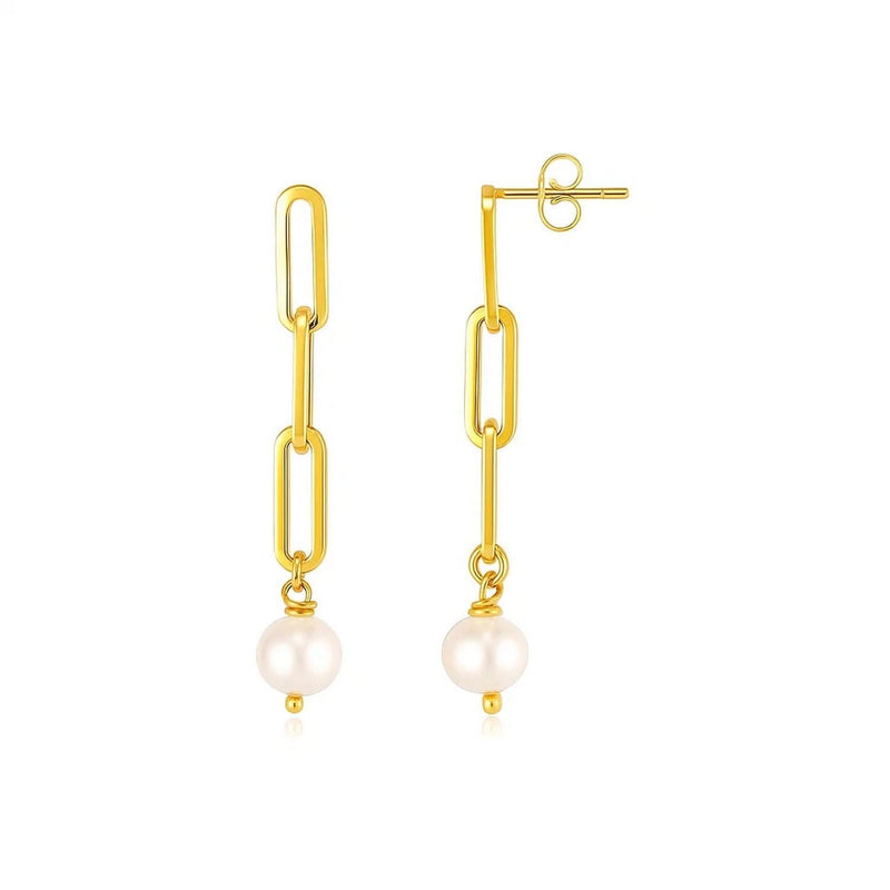 14k Yellow Gold Paperclip Chain Link Earrings with Pearls Product Image