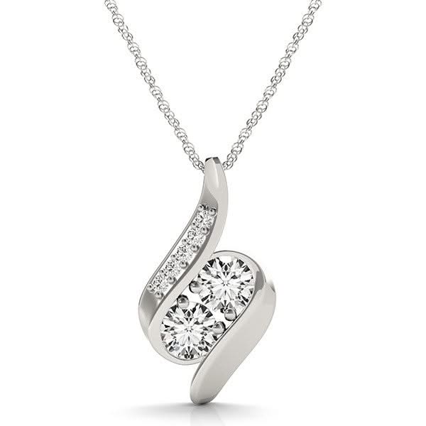 14k White Gold Two Stone Curved Style Diamond Pendant (3/4 cttw) 14k white gold pendant necklace with 2 round diamond stones on curved bar