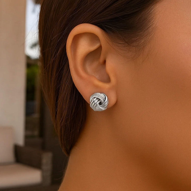 14k White Gold Love Knot with Ridge Texture Earrings Product Image