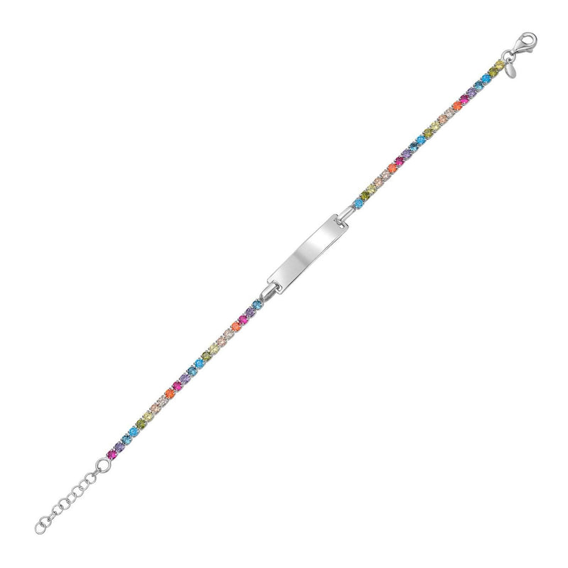Sterling Silver Rhodium Plated Rainbow CZ ID Bracelet (2.70 mm) 925 sterling silver ID bracelet with rainbow round cubic zirconia stones