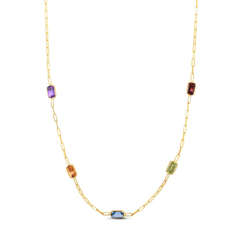14K Yellow Gold Multi Gemstone Paperclip Necklace (1.50 mm) 14K yellow gold paperclip chain necklace with flat interlocking oval links