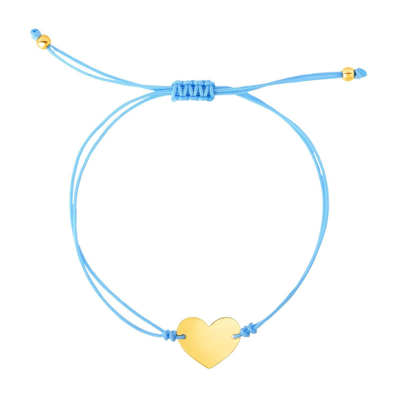 9 1/4 inch Blue Cord Adjustable Bracelet with 14k yellow Gold Heart 14K yellow gold bracelet on blue cord with heart-shaped gold accent