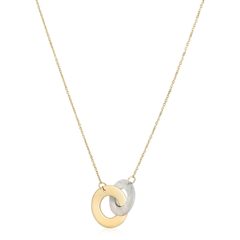 14k Yellow Gold High Polish Linked Mother of Pearl Circles Necklace 14K yellow gold necklace with linked pear mother of pearl stones