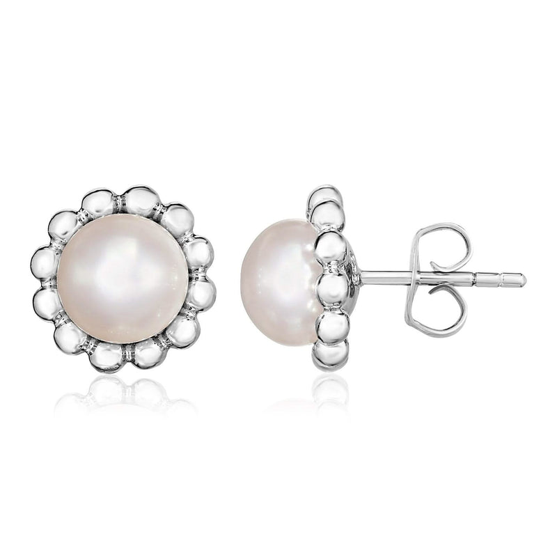 Sterling Silver Round Flower Motif Earrings with Pearl 925 sterling silver ring with 1 round pearl stone in flower motif
