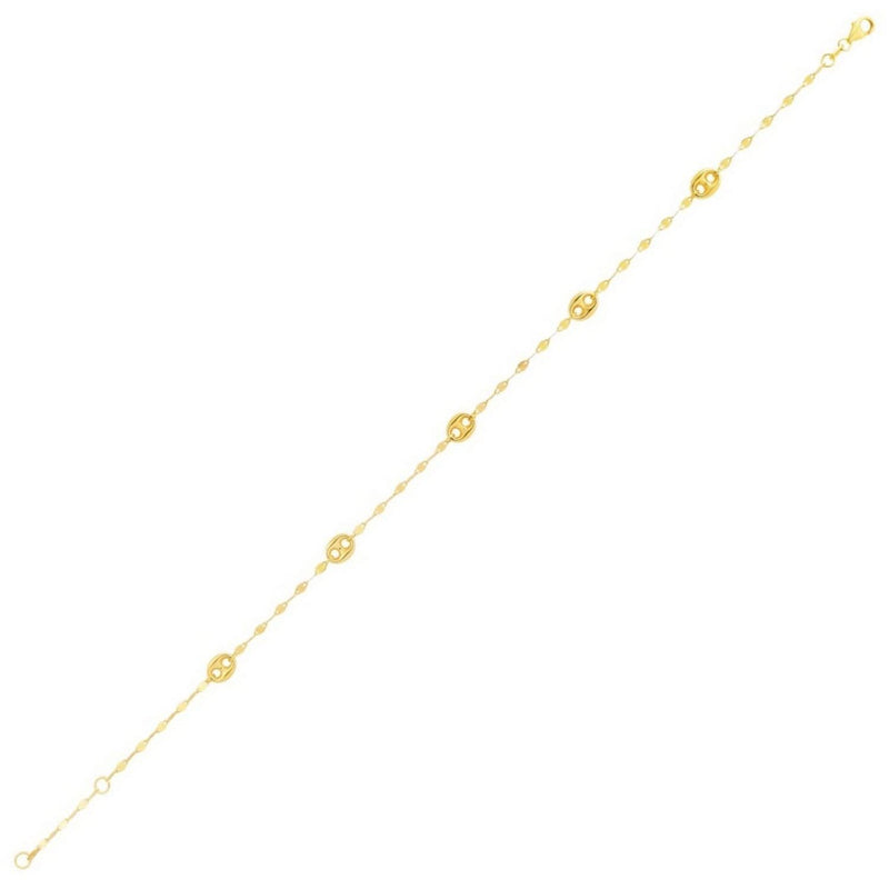 14K Yellow Gold Mirror Chain and Puffed Mariner Station Anklet 14K yellow gold mirror chain and puffed mariner station anklet
