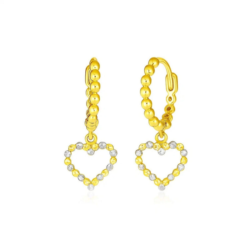 14k Two Tone Gold Beaded Hoop Earrings with Hearts Product Image