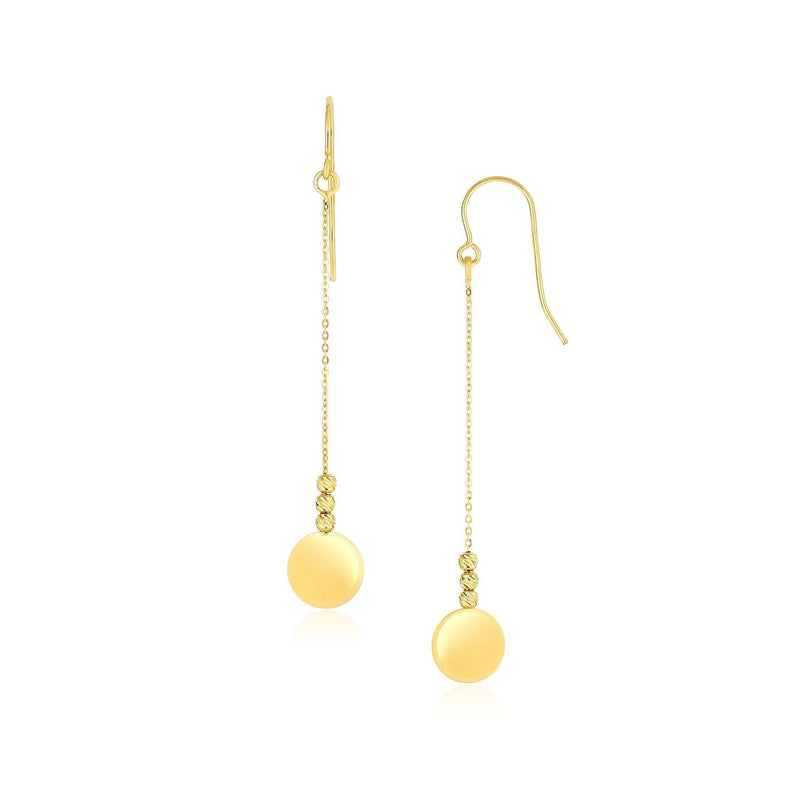 14k Yellow Gold Bead and Shiny Disc Drop Earrings Product Image