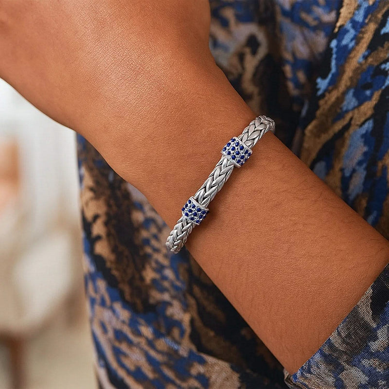 Sterling Silver Woven Bracelet with Blue Sapphire Stations (6.35 mm) 925 sterling silver woven bracelet with 6.35 mm blue sapphire stations